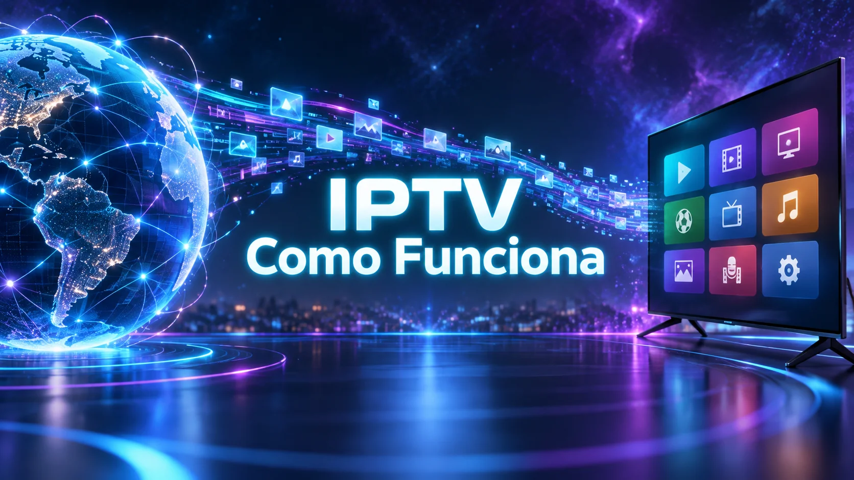 Ilustração digital de IPTV Como Funciona com fluxo de dados a chegar a uma Smart TV