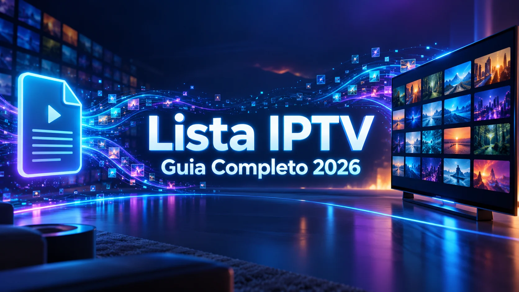 Ilustração digital de uma lista IPTV 2026 com canais organizados por categorias numa interface moderna