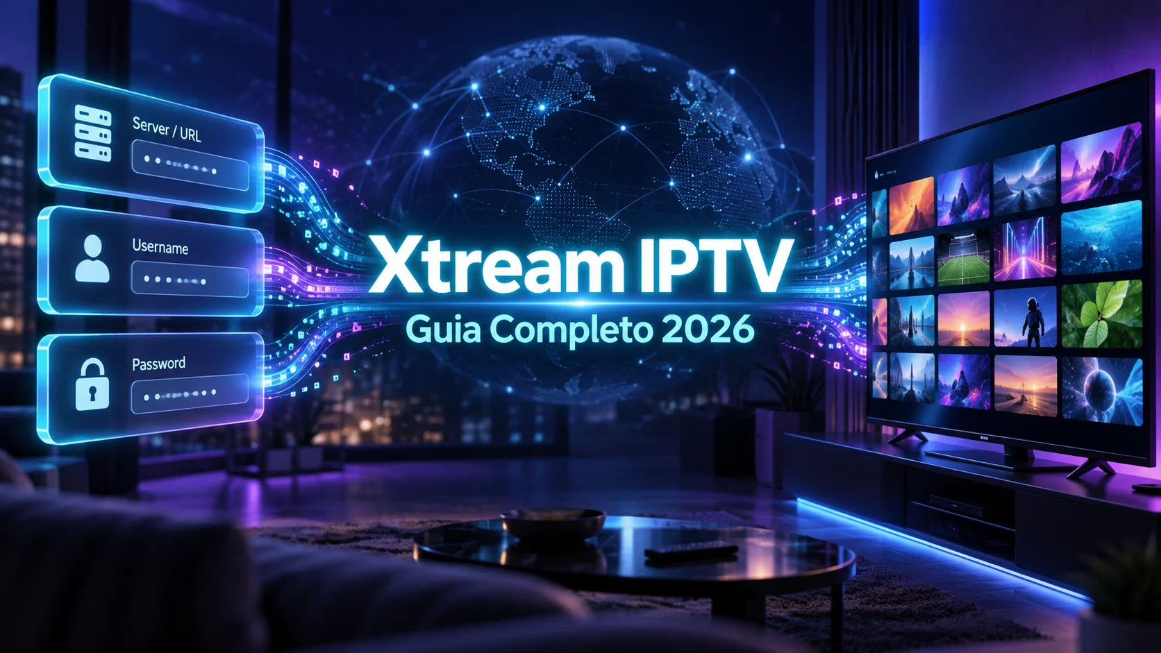 Ilustração digital de Xtream IPTV com credenciais de acesso a fluir para uma interface de leitor moderna